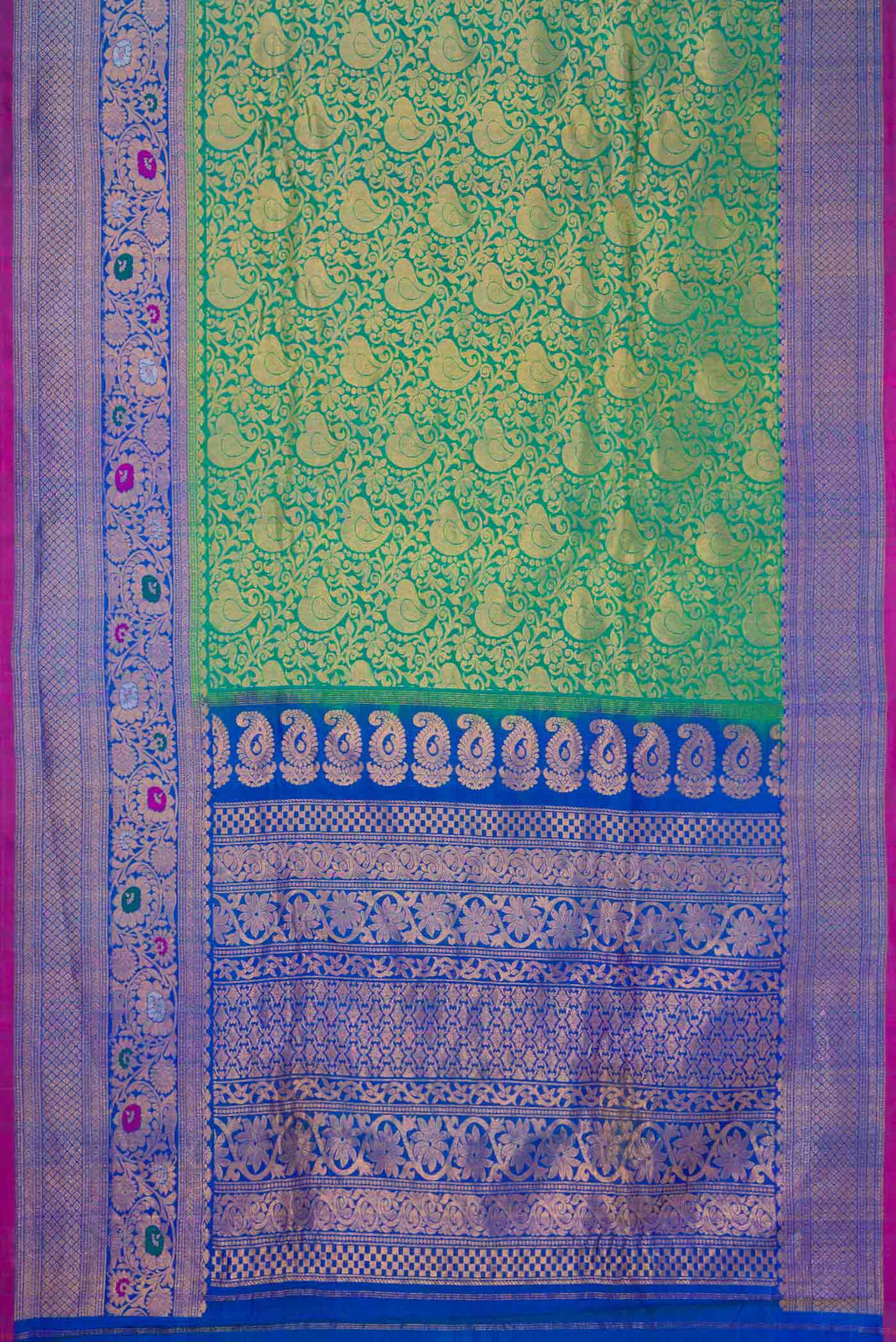 Flat view of Green Dual Tone Gadwal Silk Saree with Zari Brocade on the body and Zari Border