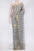 Grey Dual Tone Mysore Georgette Saree with Checked design on the body and Zari Border.  displayed on a mannequin
