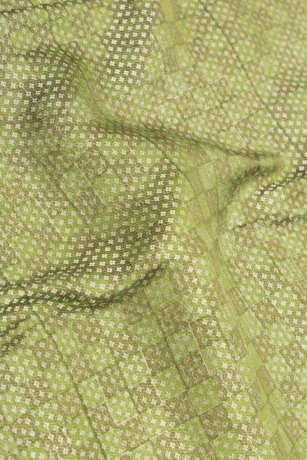 Close up of Green Dual Tone Mysore Georgette Saree With Printed design on the body and Zari Border displaying folds