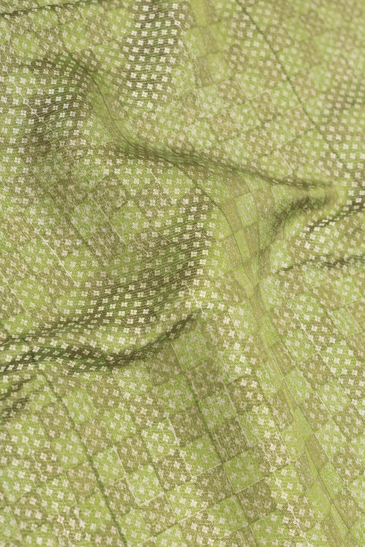 Close up of Green Dual Tone Mysore Georgette Saree With Printed design on the body and Zari Border displaying folds