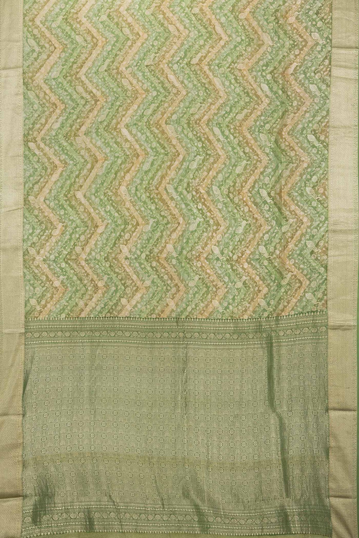 Flat view of Green Mysore Crepe Saree with Zari Brocade on the body and Zari Border