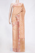 Golden Peach Dual Tone Banarasi Silk Saree with Zari Brocade on the body and Zari Border.  displayed on a mannequin