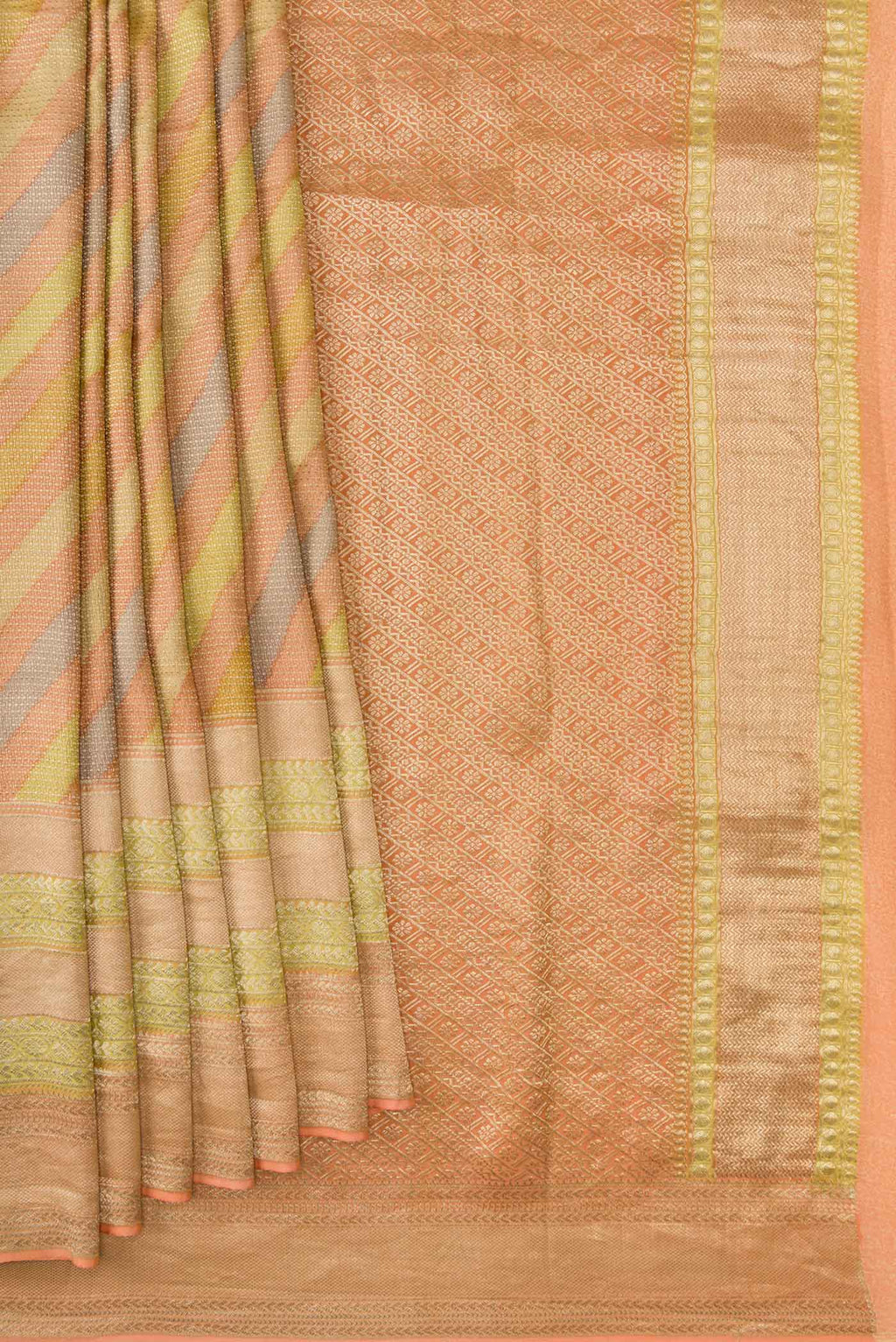 Pleats and pallu of Peach, Green and Pista Green Color Banarasi Georgette Saree with Zari Brocade on the body and Zari Border. 