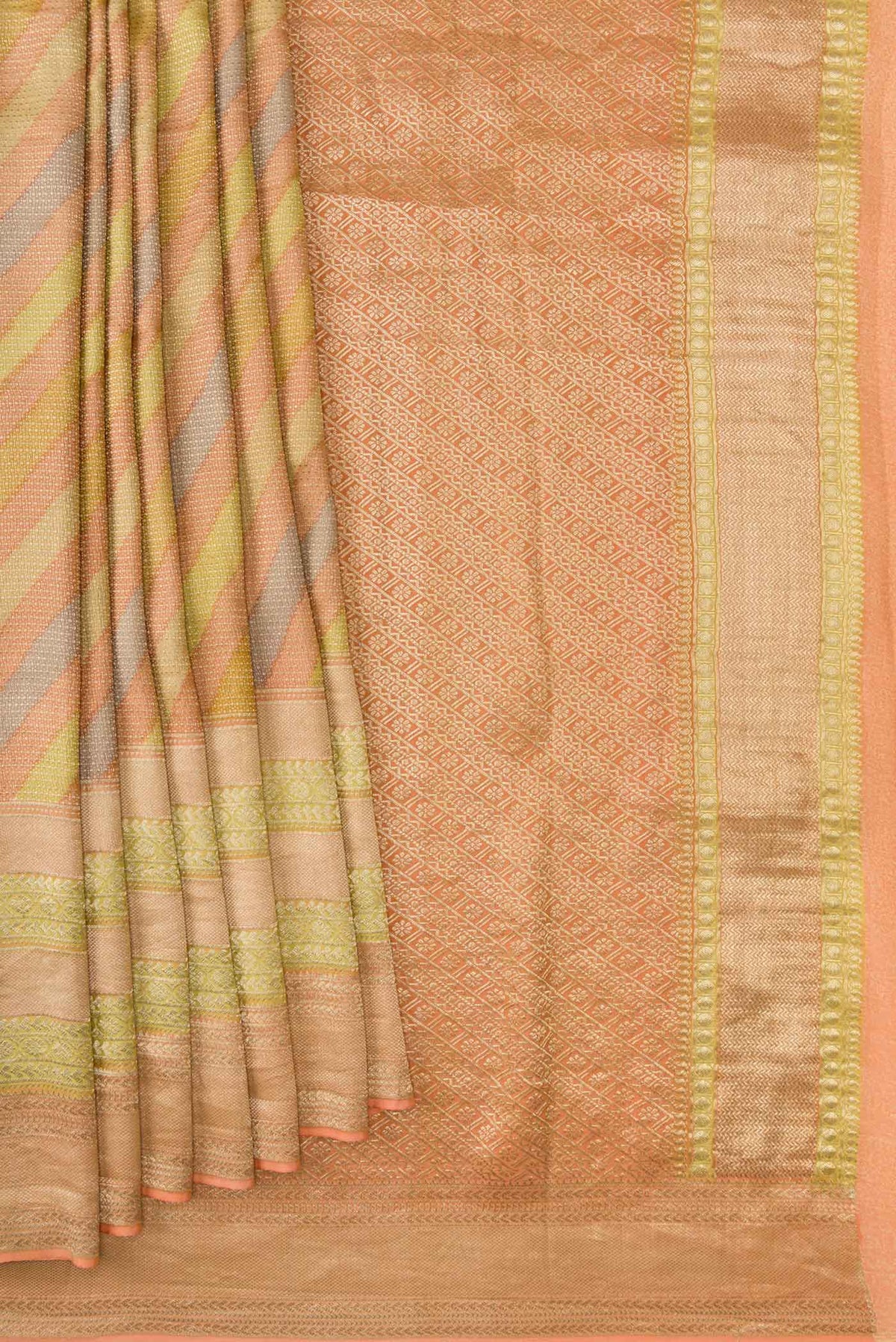 Pleats and pallu of Peach, Green and Pista Green Color Banarasi Georgette Saree with Zari Brocade on the body and Zari Border. 