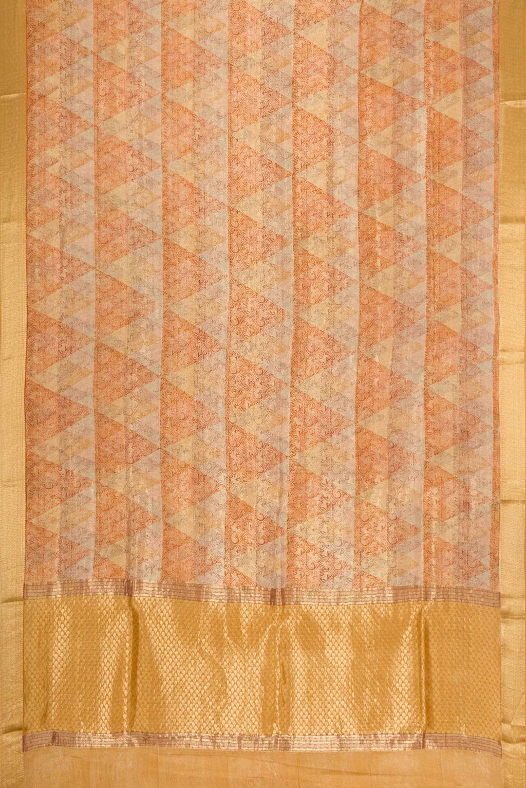 Flat view of Gold Dual Tone Mysore Georgette Saree with Zari Brocade on the body and Zari Border. 