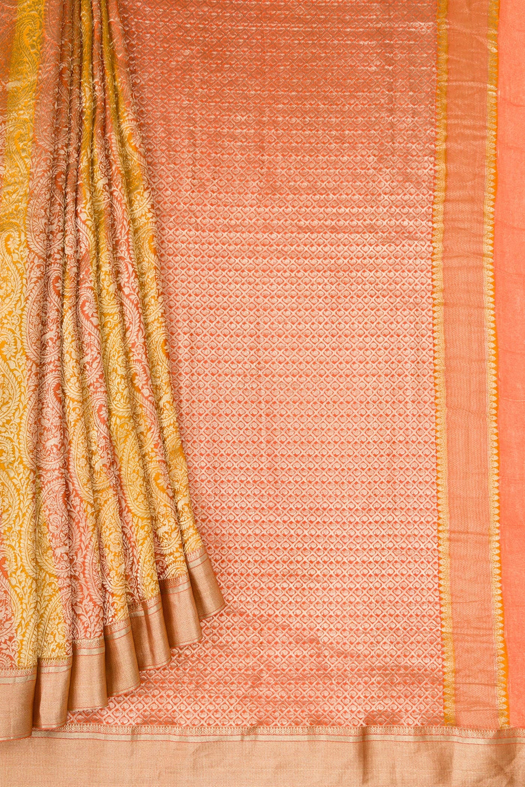 Pleats and pallu of Mustard Dual Tone Tussar Silk Saree with Zari Brocade on the body and Zari Border. 