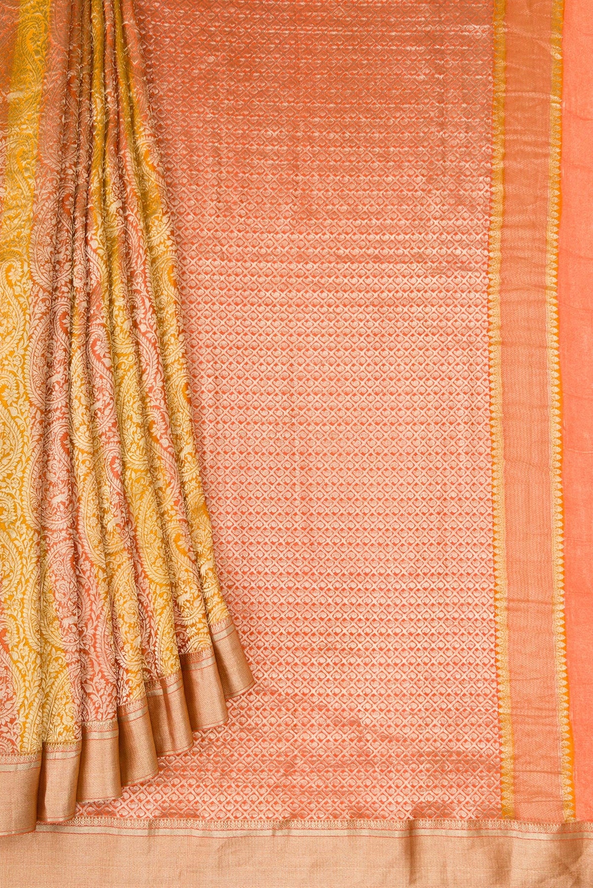 Pleats and pallu of Mustard Dual Tone Tussar Silk Saree with Zari Brocade on the body and Zari Border. 