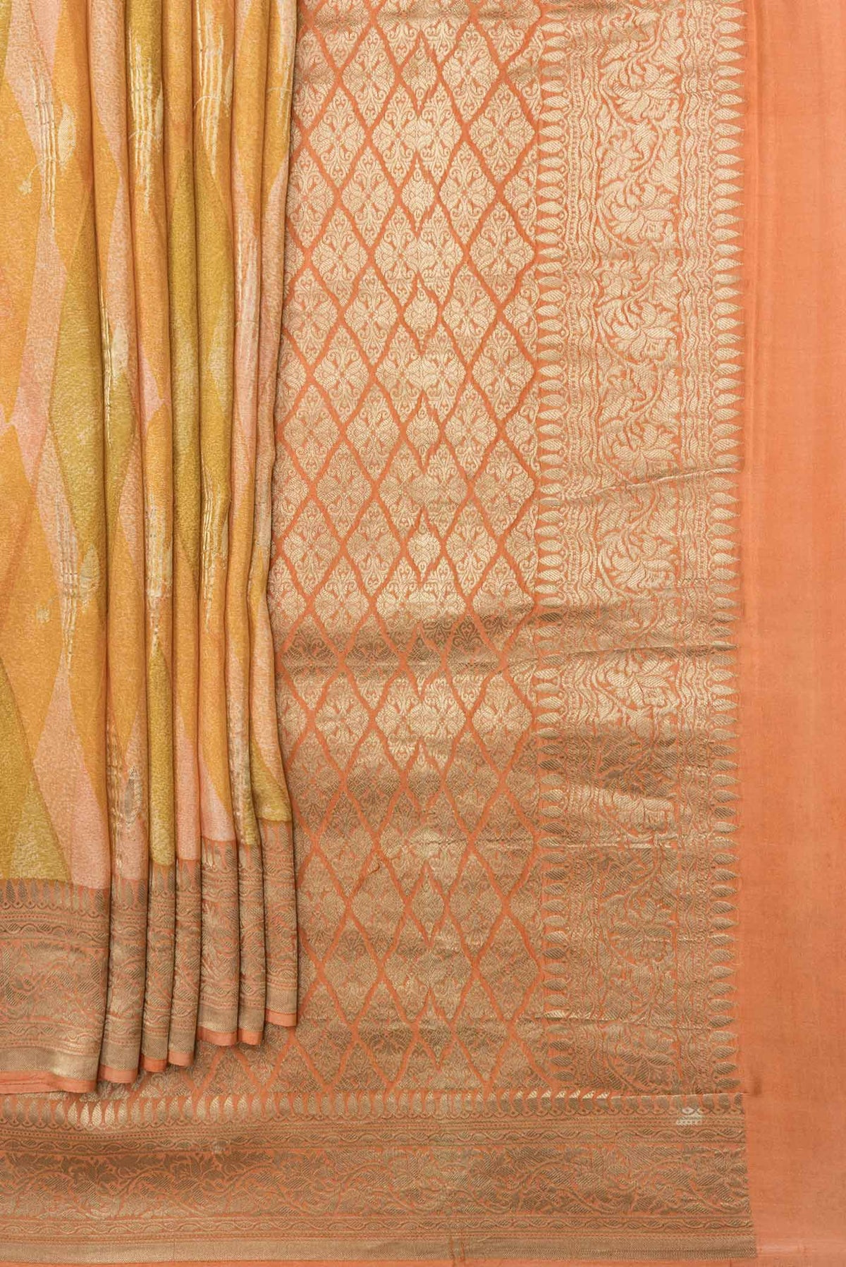 Pleats and pallu of Mustard Dual Tone Mysore Georgette Saree with Printed design on the body and Zari Border