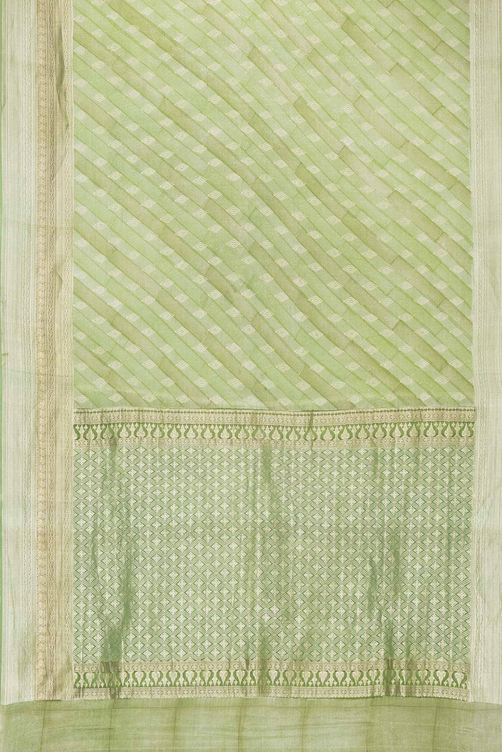 Flat view of Green Dual Tone Mysore Georgette Saree With Printed design on the body and Zari Border