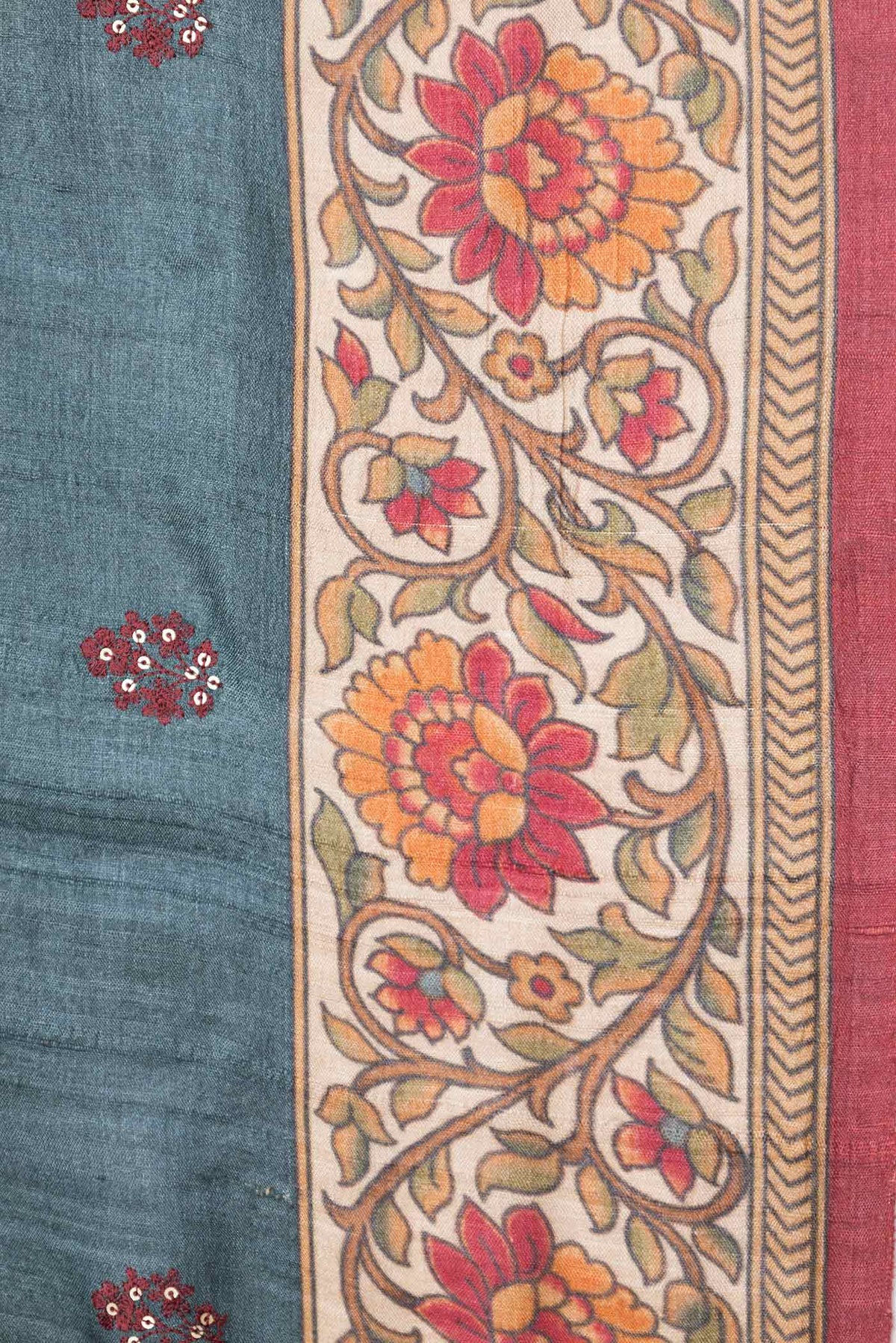 Border image of Grey Dual Tone Tussar Silk Saree with Embroidery on the body and Embroidery Border