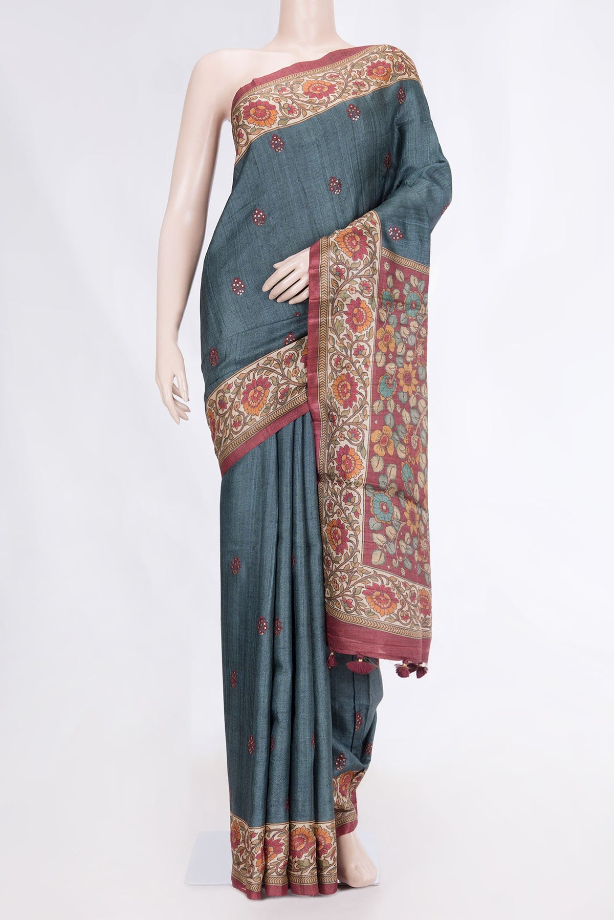 Grey Dual Tone Tussar Silk Saree with Embroidery on the body and Embroidery Border displayed on a mannequin