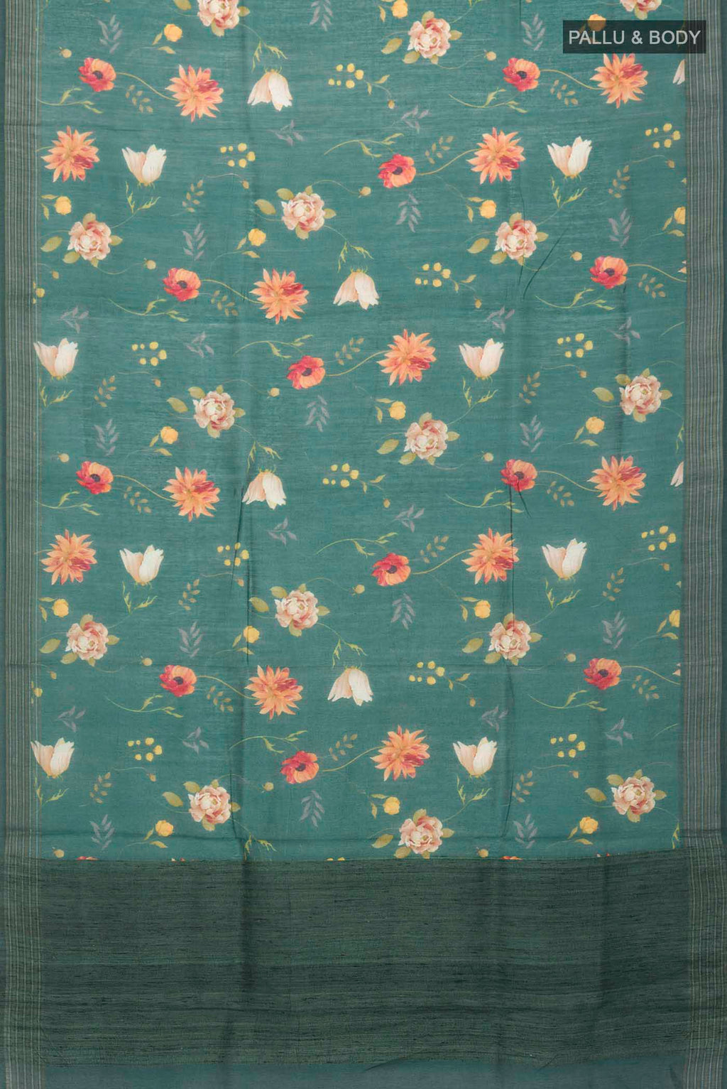 Flat view of Green Tussar Silk Saree with Printed design on the body and Zari Border
