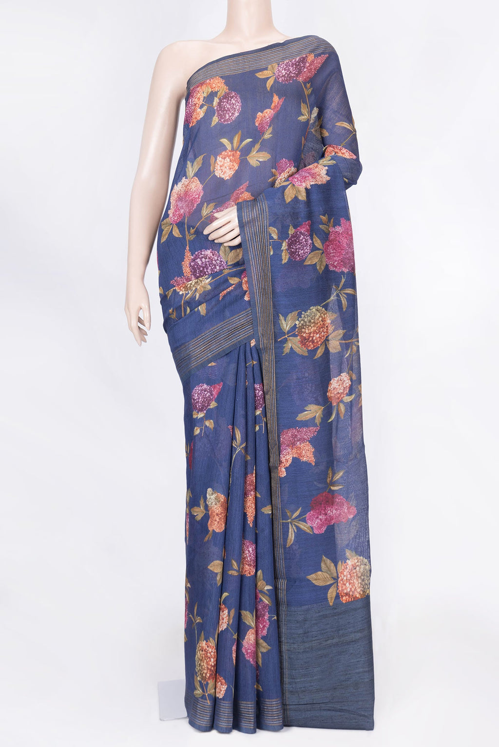 Navy Blue Dual Tone Chanderi Silk Saree with Printed design on the body and Zari Border displayed on a mannequin