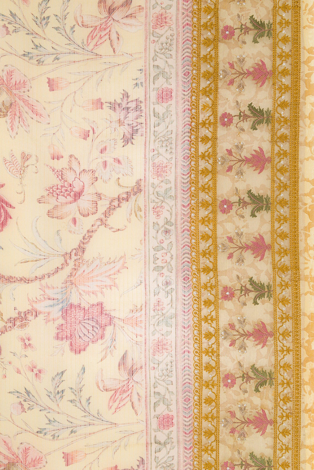 Border image of Mustard Dual Tone Organza Silk Saree with Printed design on the body and Embroidery Border. 