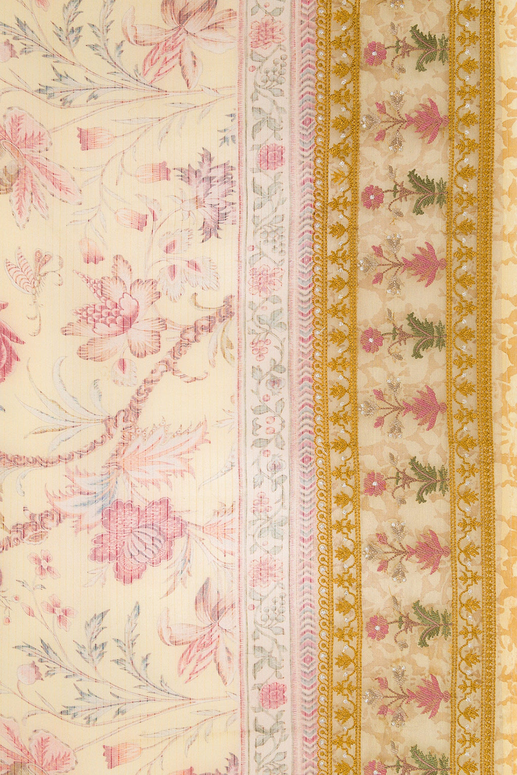 Border image of Mustard Dual Tone Organza Silk Saree with Printed design on the body and Embroidery Border. 