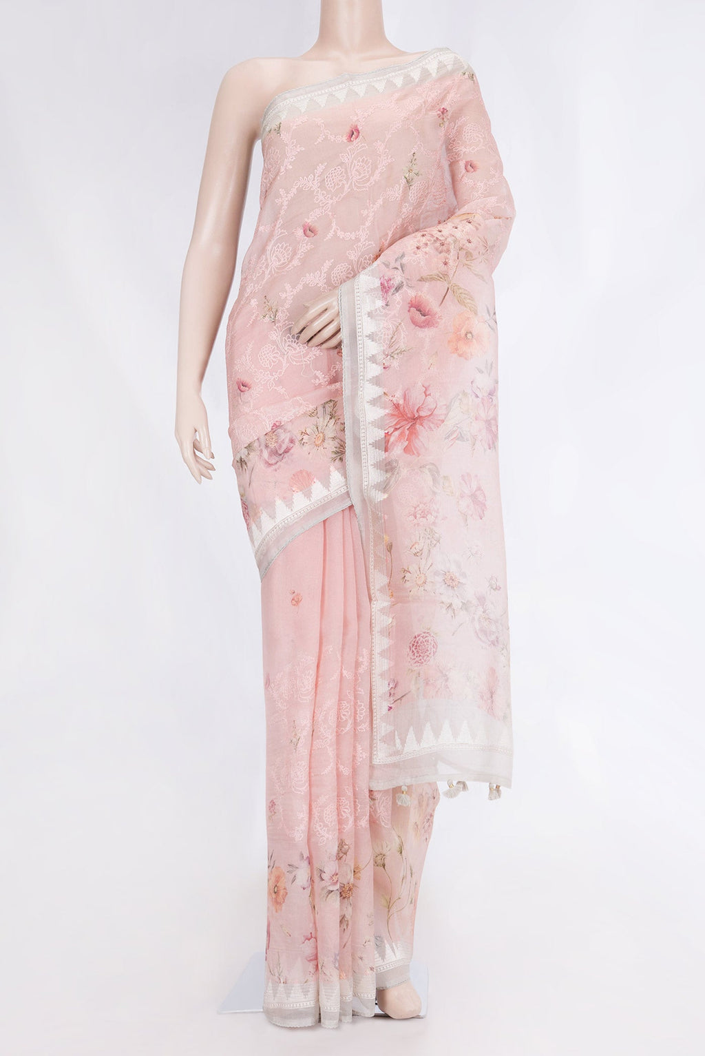 Pink Dual Tone Organza Silk Saree with Embroidery on the body and Embroidery Border displayed on a mannequin