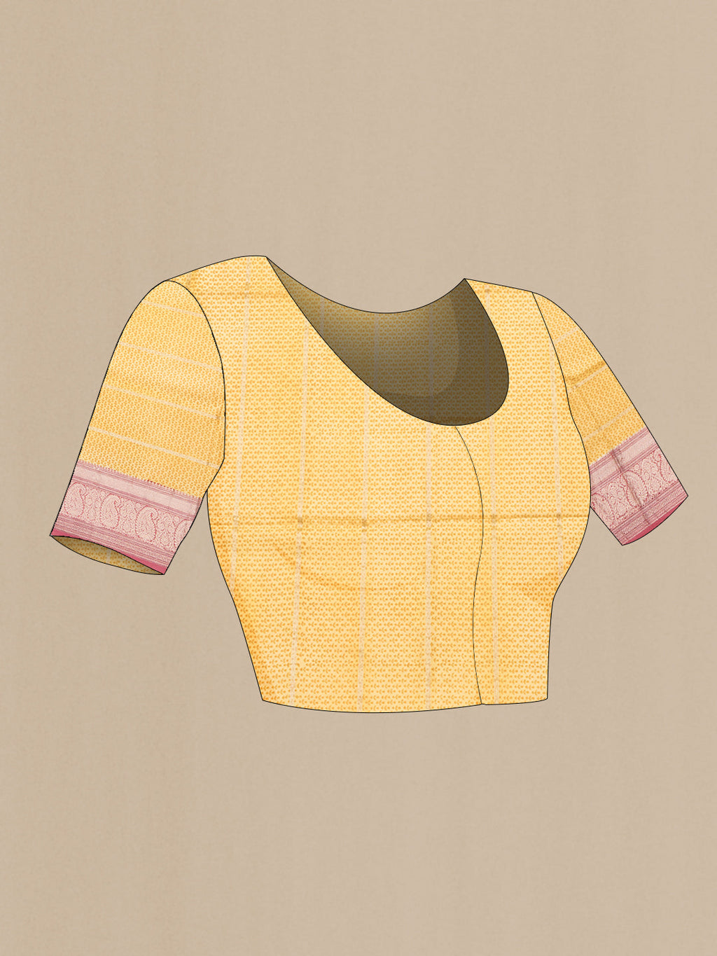 Close up image of the blouse of Yellow Dual Tone Kanchipuram Silk Saree with Printed design on the body and Zari Border. 