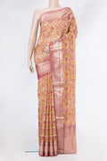 Yellow Dual Tone Kanchipuram Silk Saree with Printed design on the body and Zari Border.  displayed on a mannequin