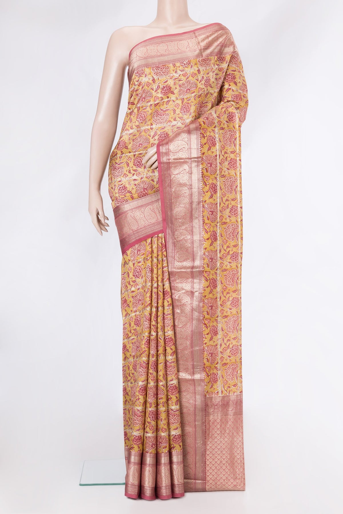 Yellow Dual Tone Kanchipuram Silk Saree with Printed design on the body and Zari Border.  displayed on a mannequin