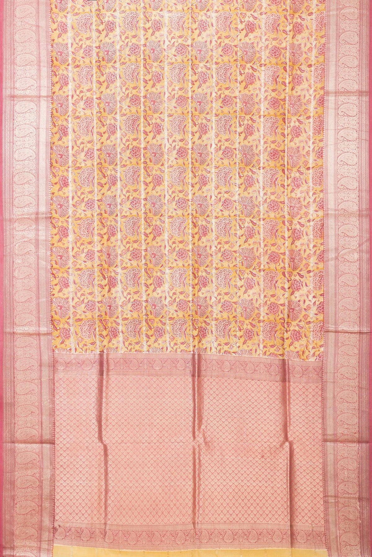 Flat view of Yellow Dual Tone Kanchipuram Silk Saree with Printed design on the body and Zari Border. 