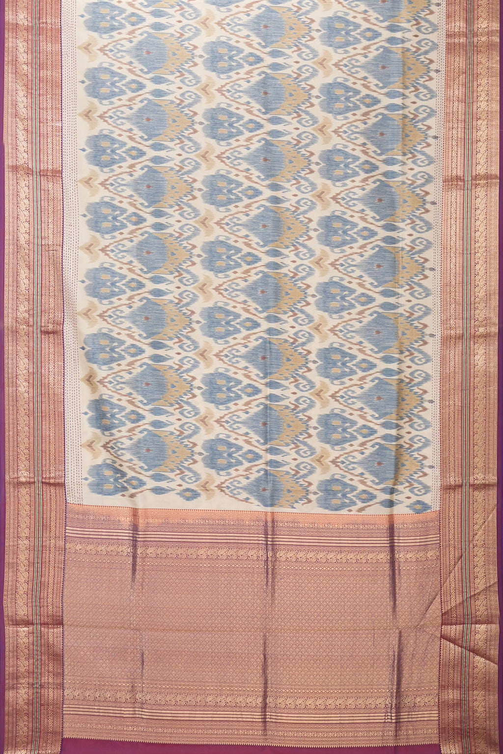 Flat view of Dark Beige Dual Tone Kanchipuram Silk Saree with Ikat Print on the body and Zari Border. 