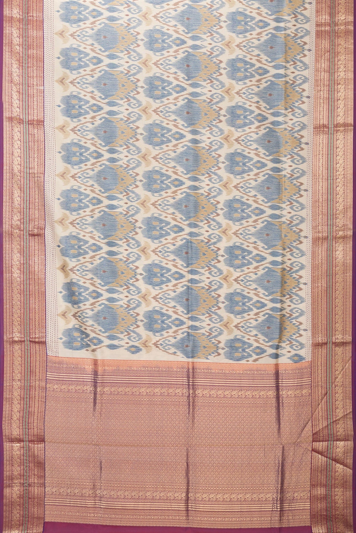 Flat view of Dark Beige Dual Tone Kanchipuram Silk Saree with Ikat Print on the body and Zari Border. 