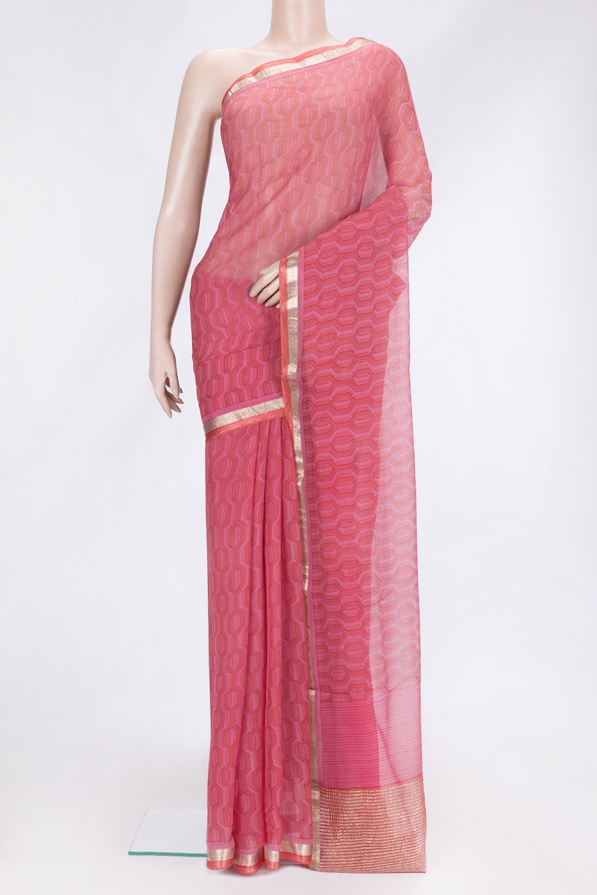 Pink Dual Tone Mysore Georgette Saree with Printed design on the body and Zari Border.  displayed on a mannequin