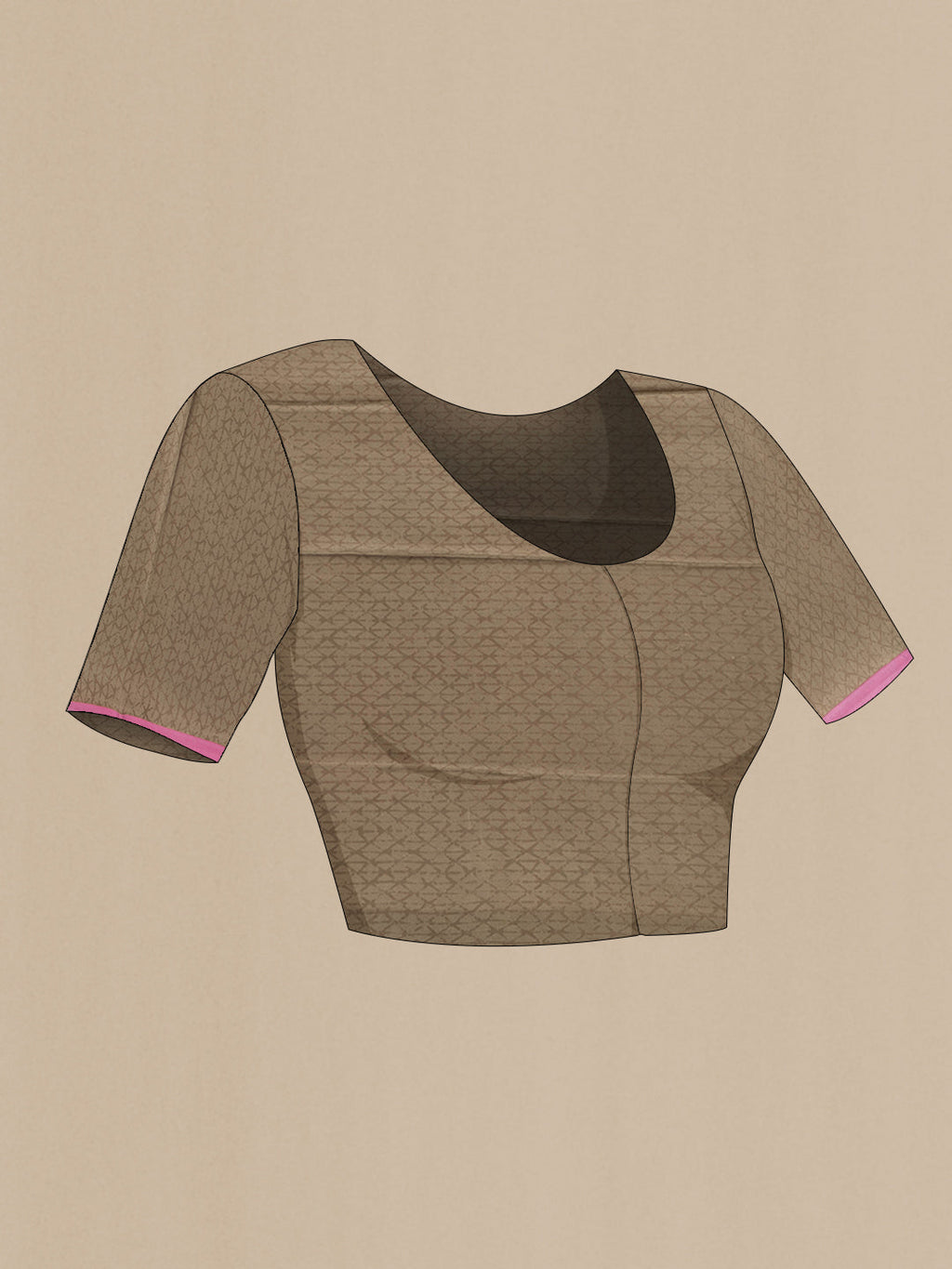 Close up image of the blouse of Brown Dual Tone Mysore Chiffon Saree with Printed design on the body and Zari Border. 