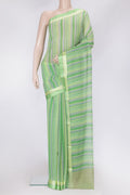 Parrot Green Dual Tone Mysore Chiffon Saree with Printed design on the body and Zari Border.  displayed on a mannequin
