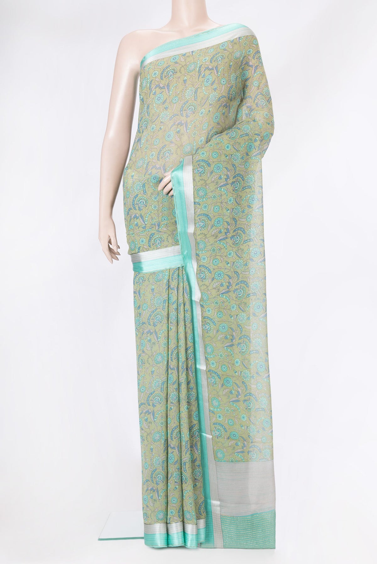 Pista Green Dual Tone Chiffon Nine Yards Saree with Printed design on the body and Zari Border.  displayed on a mannequin