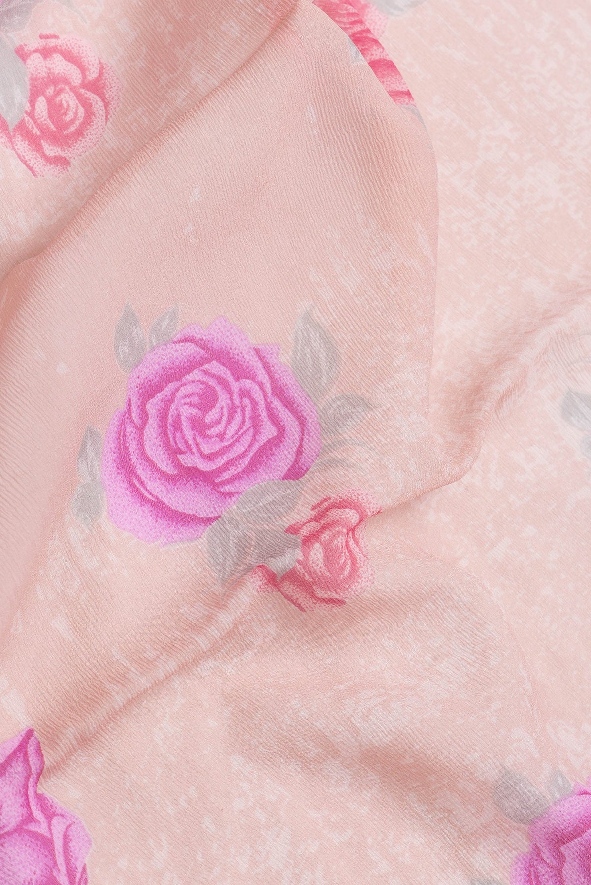 Close up of Peach Dual Tone Mysore Chiffon Saree with Printed design on the body and Plain Border.  displaying folds