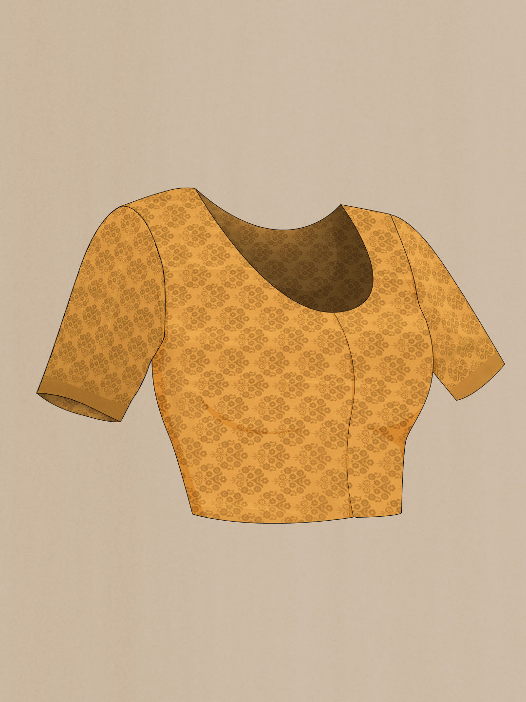 Close up image of the blouse of Mustard Mysore Crepe Saree with Zari Butta on the body and Zari Border