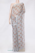 Grey Dual Tone Mysore Georgette Saree with Printed design on the body and Zari Border.  displayed on a mannequin