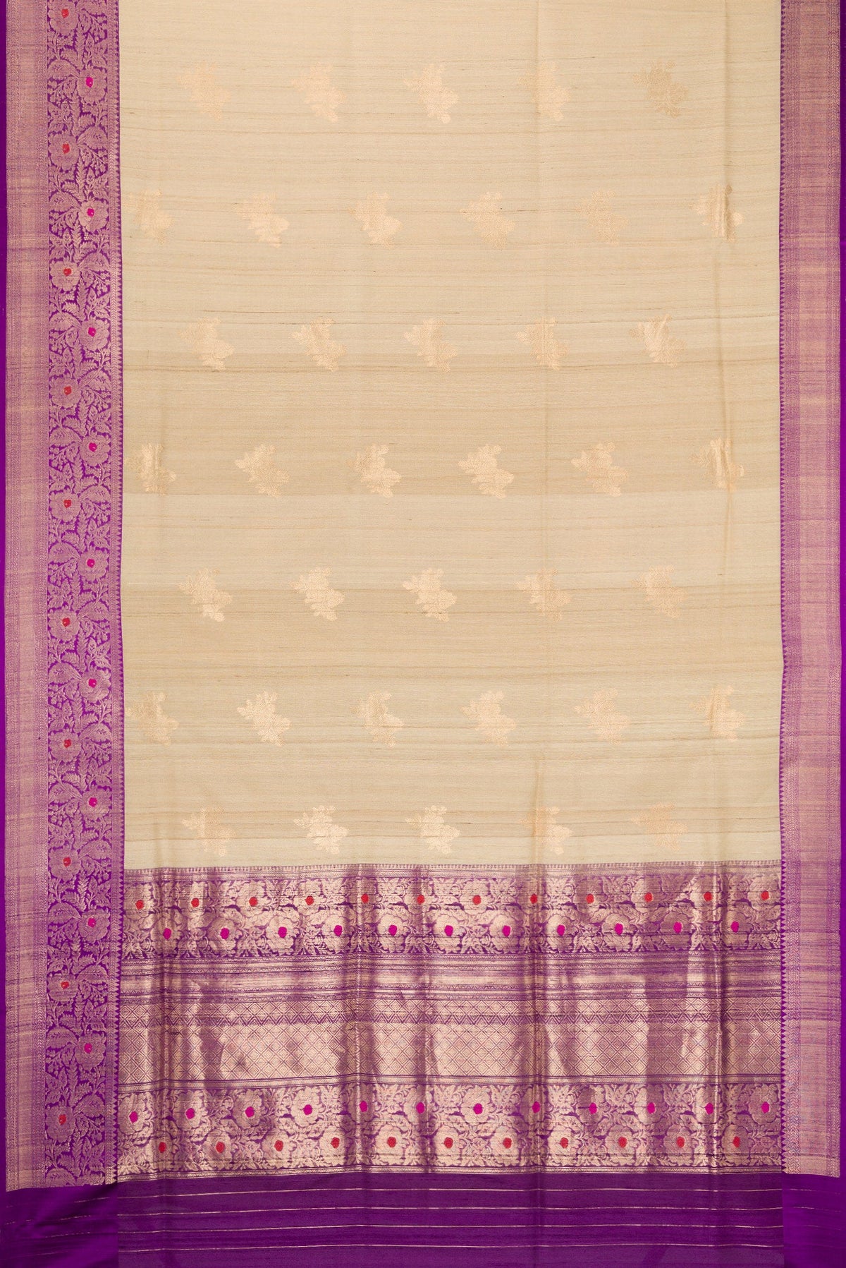 Flat view of Beige Dual Tone Tussar Silk Saree with Zari Butta on the body and Zari And Thread Border. 