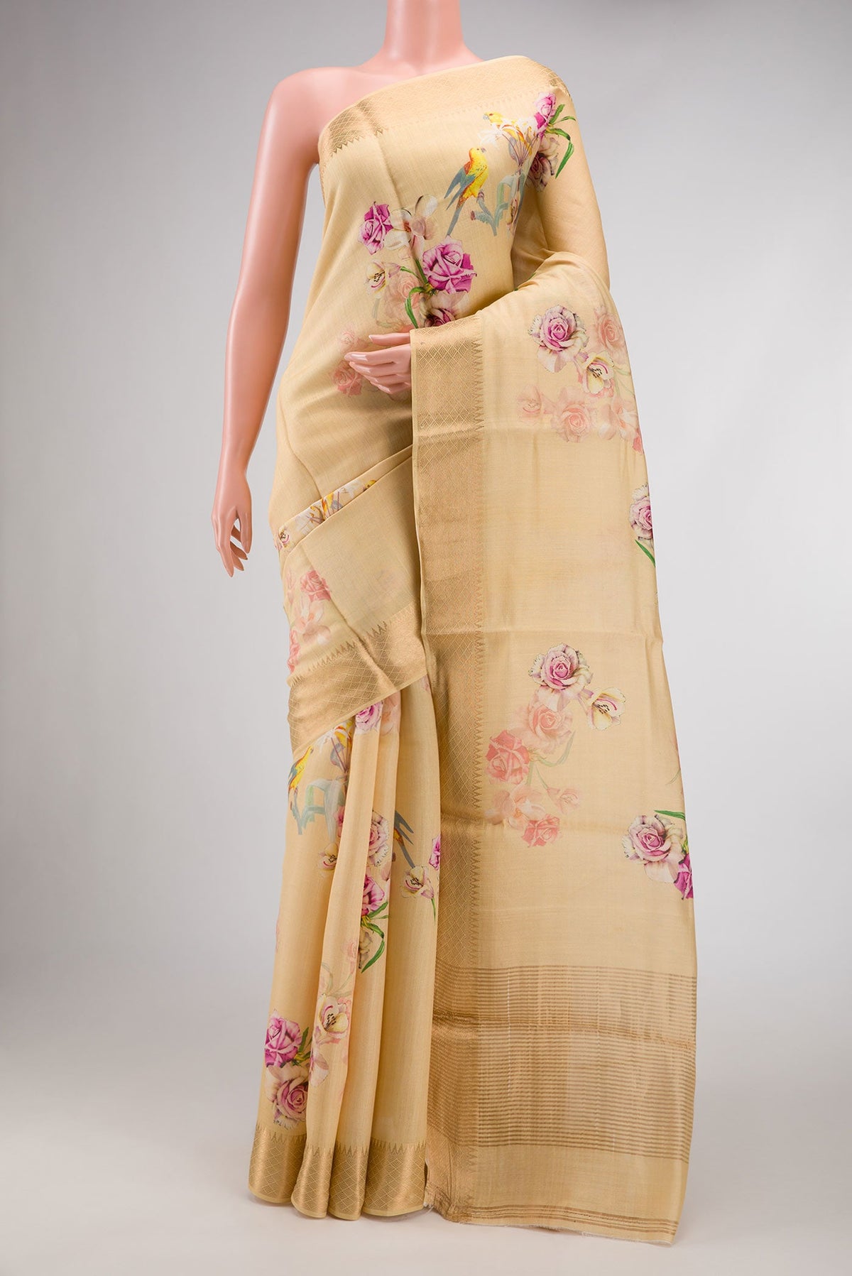 Sandal Dual Tone Tussar Silk Saree with Printed design on the body and Zari Border.  displayed on a mannequin