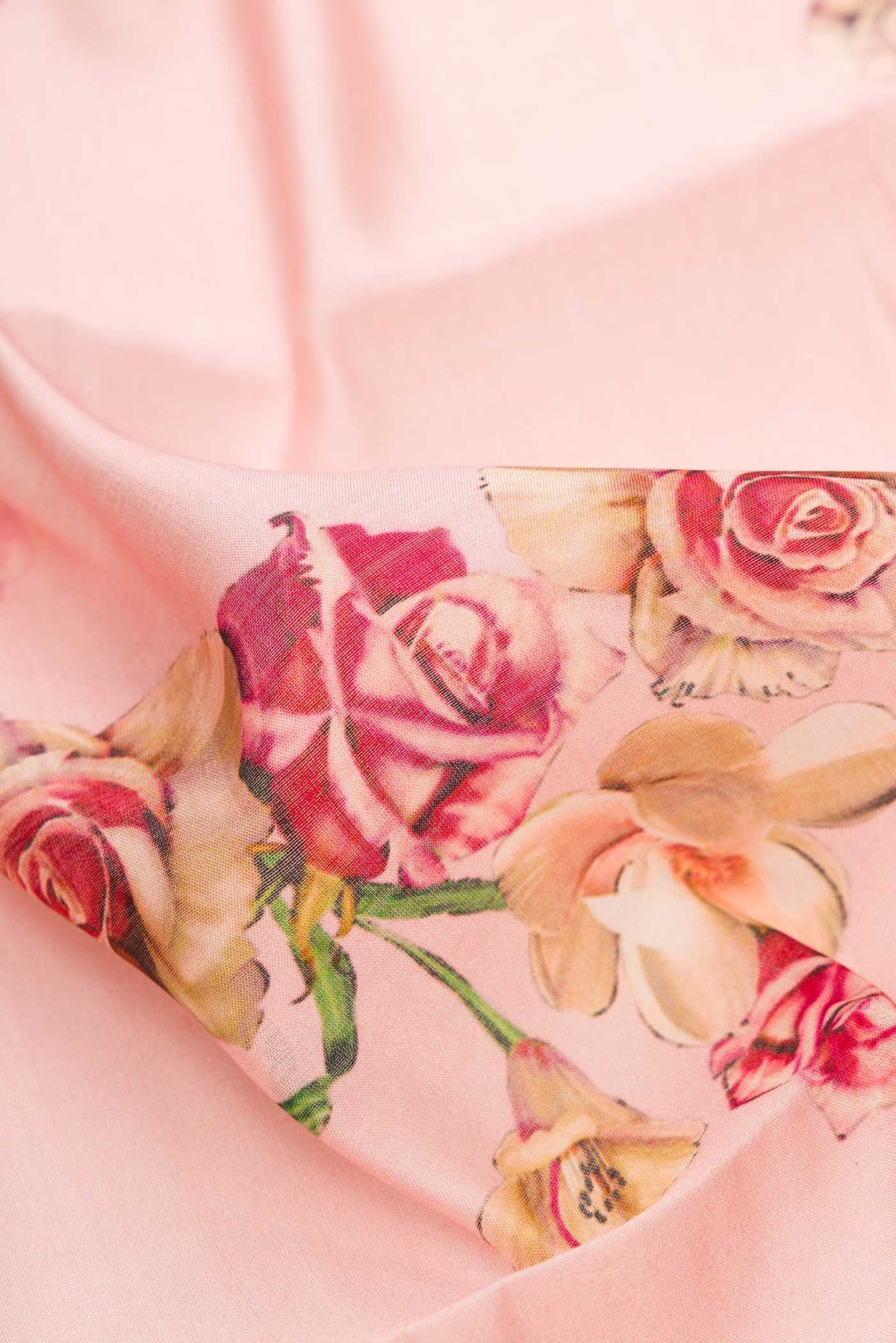 Close up of Pink Dual Tone Tussar Silk Saree with Printed design on the body and Zari Border.  displaying folds