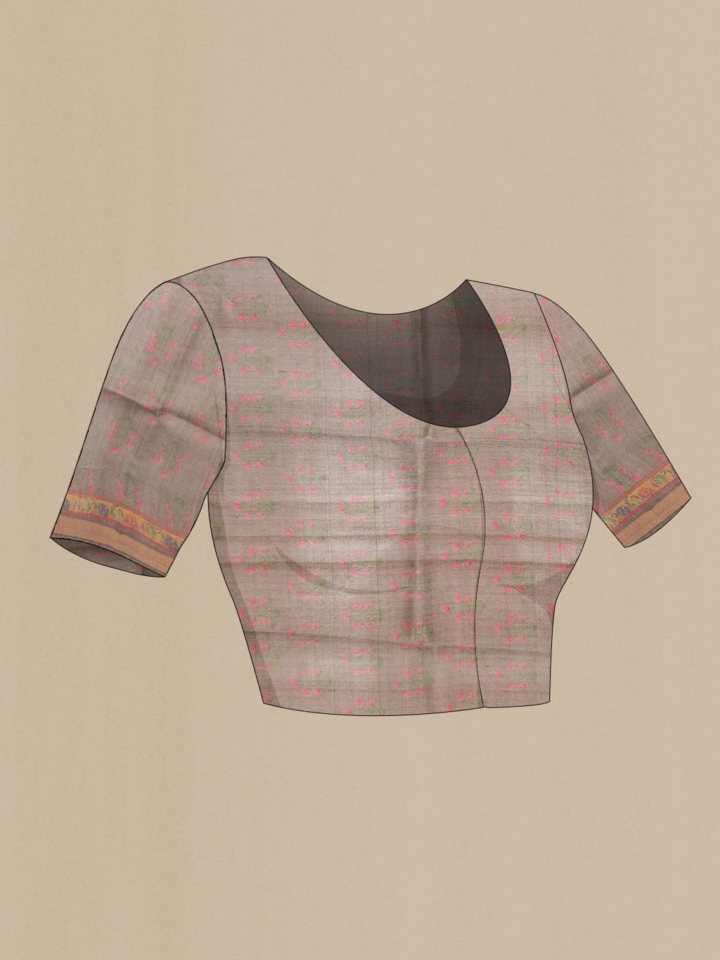Close up image of the blouse of Pink Dual Tone Tussar Silk Saree with Printed design on the body and Zari Border. 