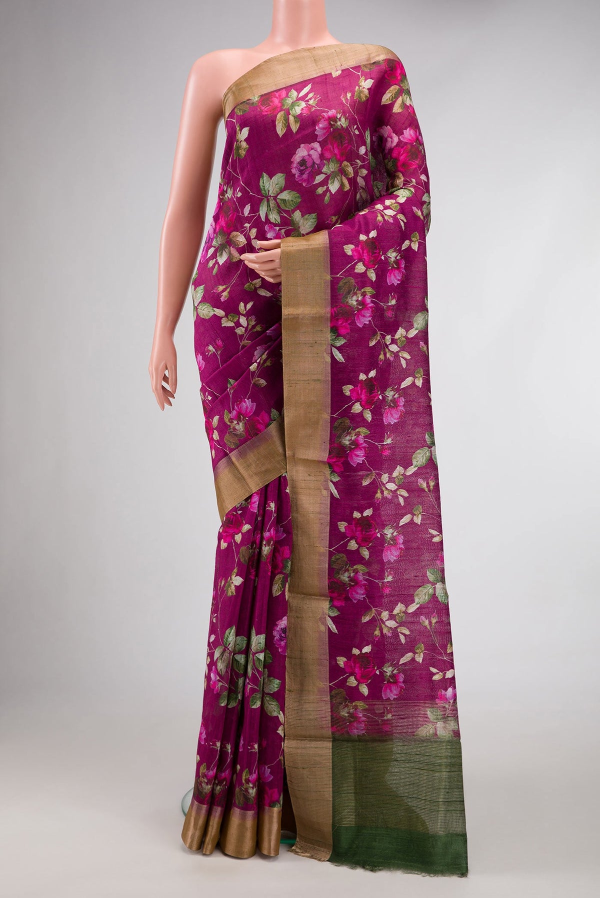 Purple Dual Tone Tussar Silk Saree with Printed design on the body and Zari Border.  displayed on a mannequin