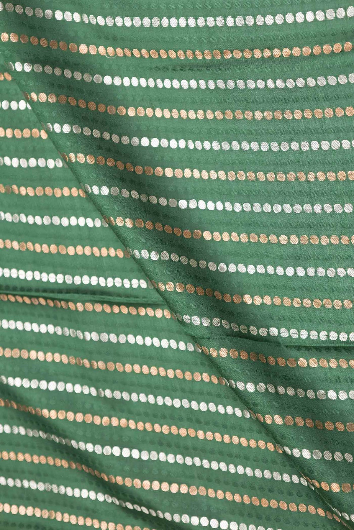 Close up of Bottle Green Dual Tone Mysore Crepe Saree with Stripes on the body and Zari Border displaying folds