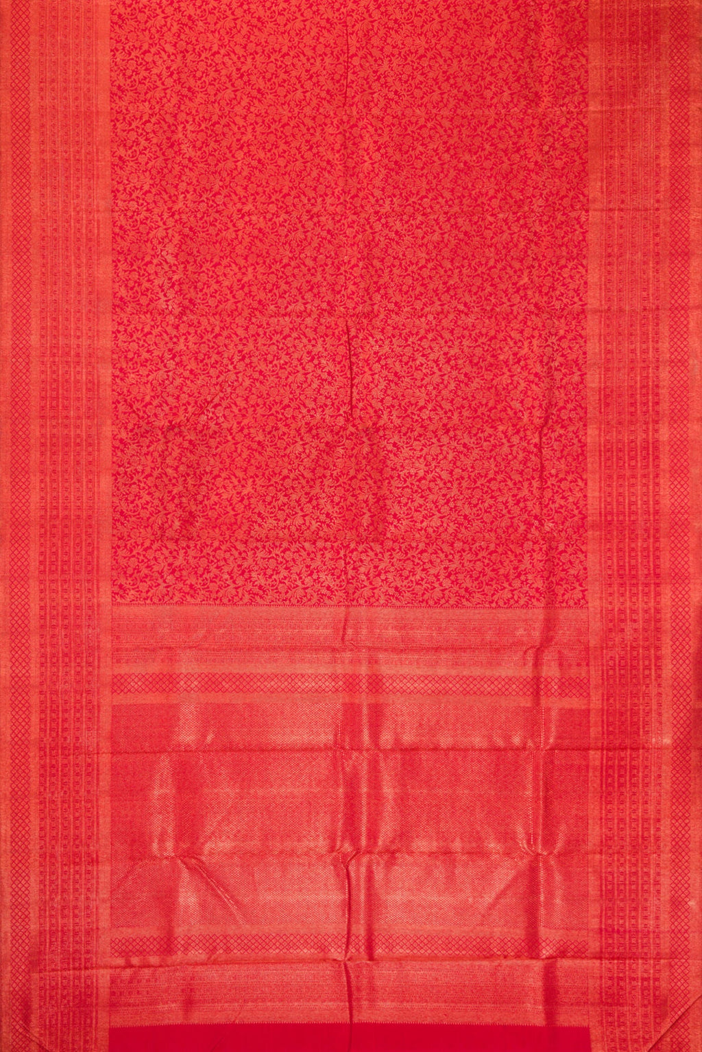 Flat view of Red Dual Tone Kanjivaram Silk Saree with Zari Brocade on the body and Zari Border. 