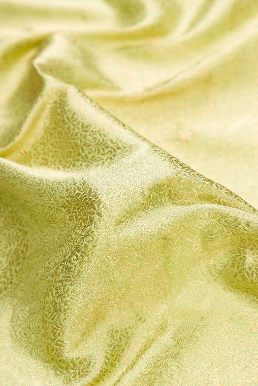Close up of Pista Green Dual Tone Banarasi Silk Saree with Zari Brocade on the body and Zari Border.  displaying folds