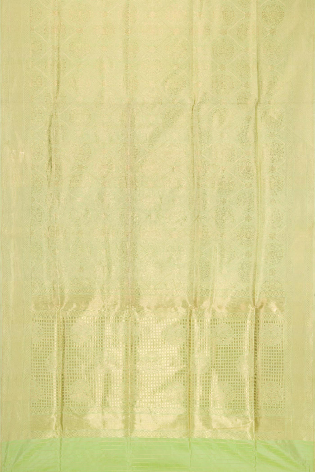 Flat view of Pista Green Dual Tone Banarasi Silk Saree with Zari Brocade on the body and Zari Border. 