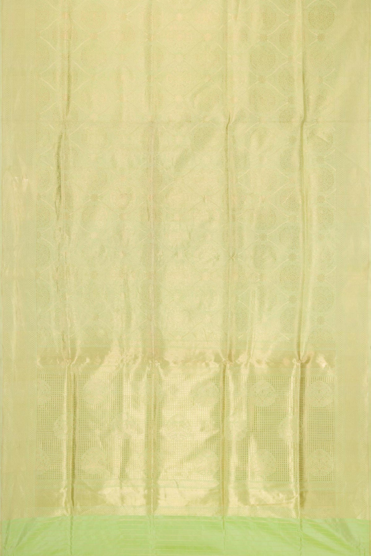 Flat view of Pista Green Dual Tone Banarasi Silk Saree with Zari Brocade on the body and Zari Border. 