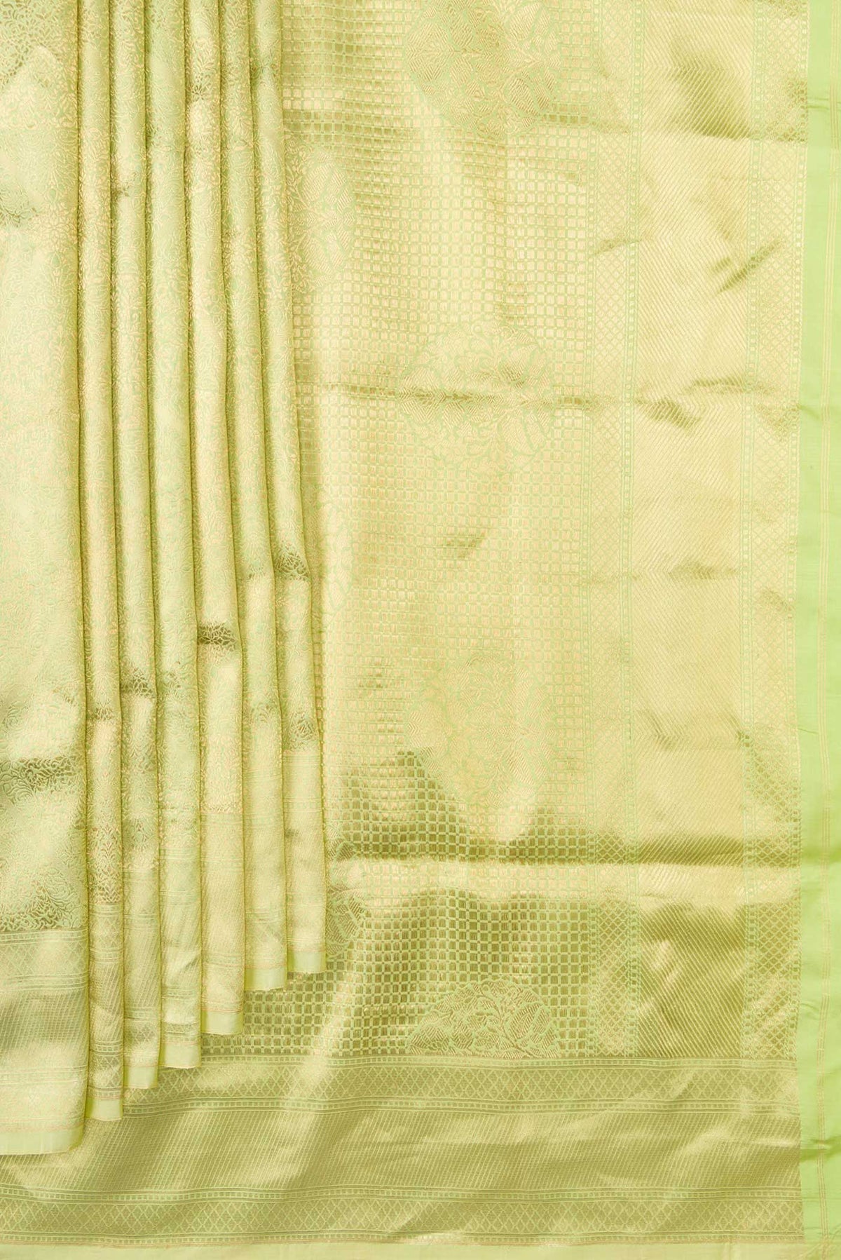 Pleats and pallu of Pista Green Dual Tone Banarasi Silk Saree with Zari Brocade on the body and Zari Border. 
