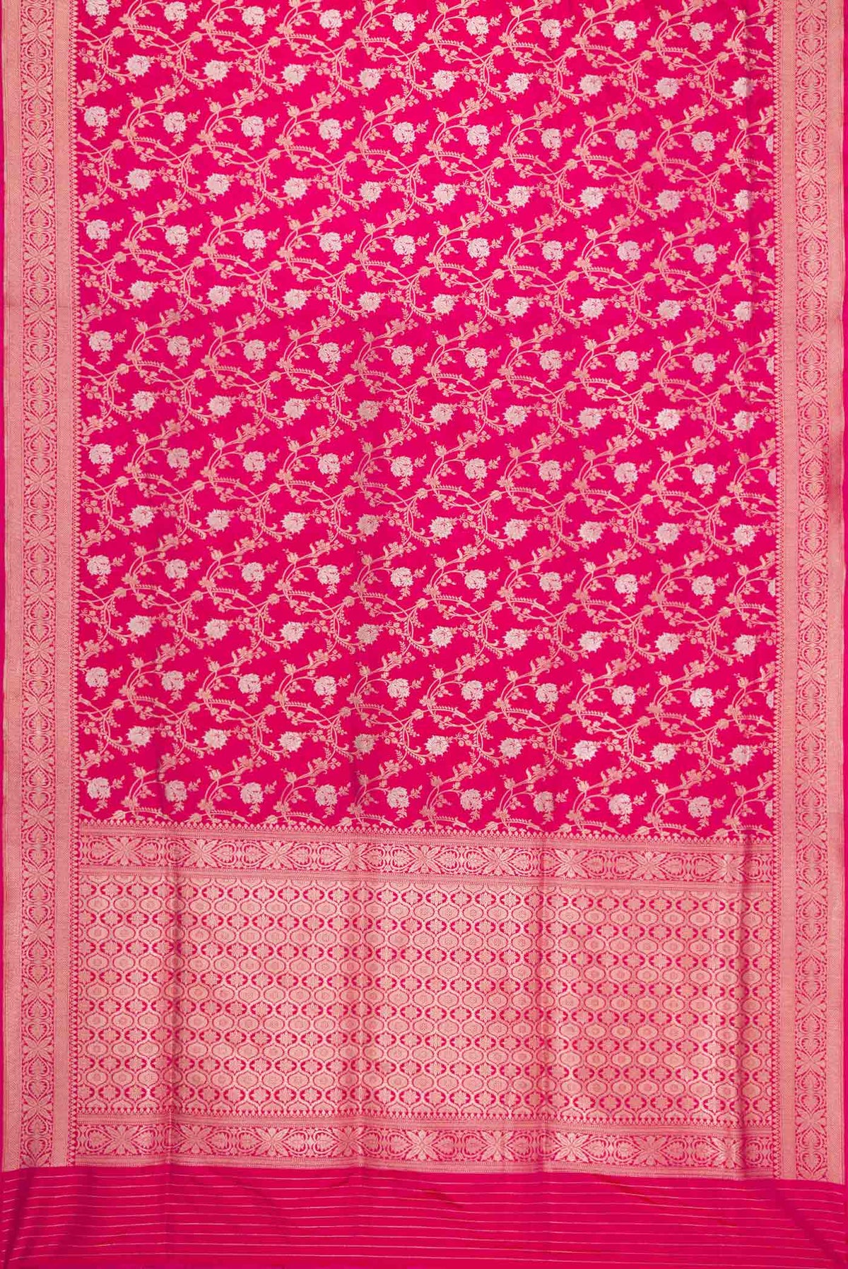 Flat view of Pink Dual Tone Banarasi Silk Saree with Zari Brocade on the body and Zari Border. 