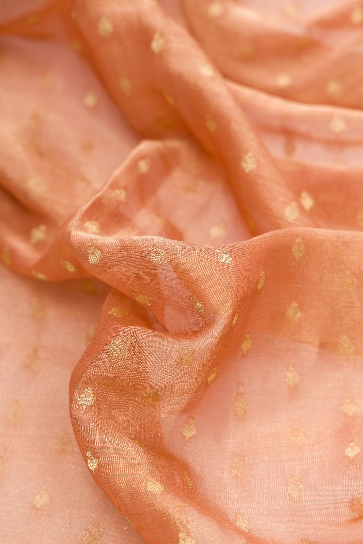 Close up of Golden Peach Dual Tone Banarasi Georgette Saree with Zari Butta on the body and Zari Border.  displaying folds