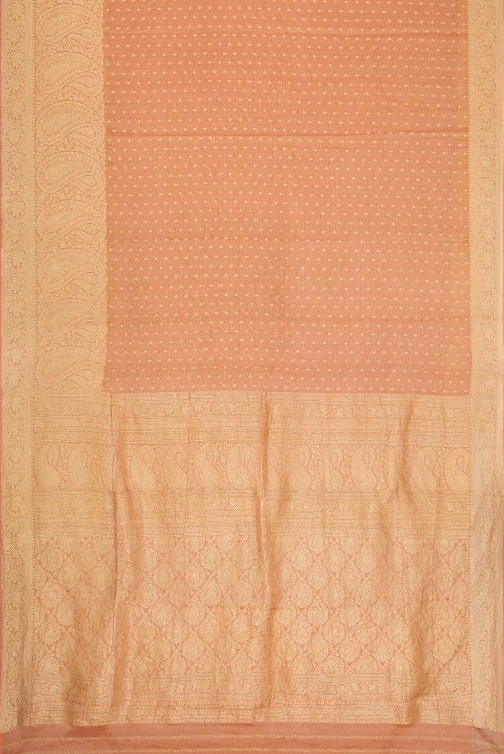 Flat view of Golden Peach Dual Tone Banarasi Georgette Saree with Zari Butta on the body and Zari Border. 