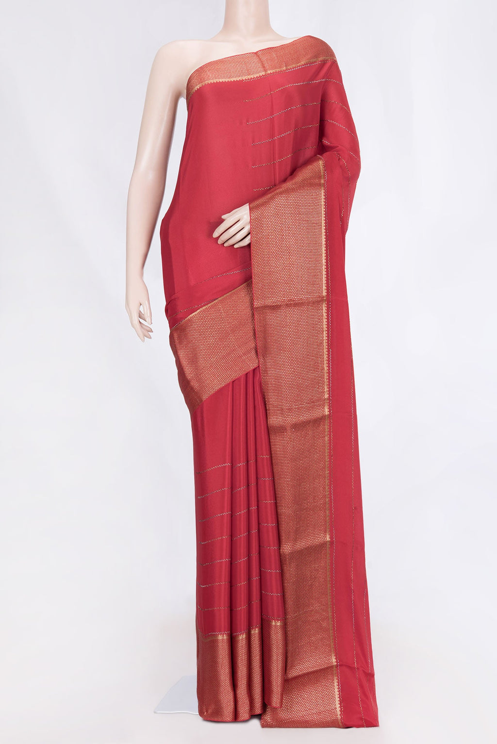 Red Dual Tone Mysore Crepe Saree with Embroidery on the body and Zari Border displayed on a mannequin
