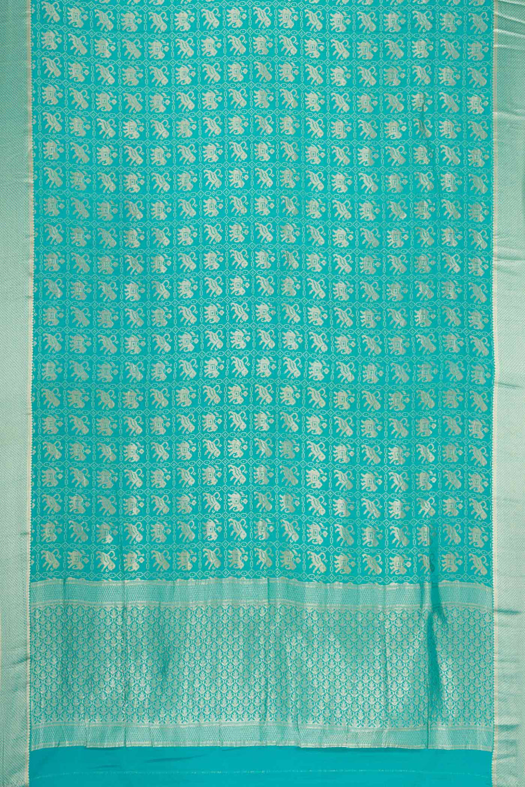Flat view of Sky Blue Dual Tone Banarasi Georgette Saree with Zari Brocade on the body and Zari Border. 