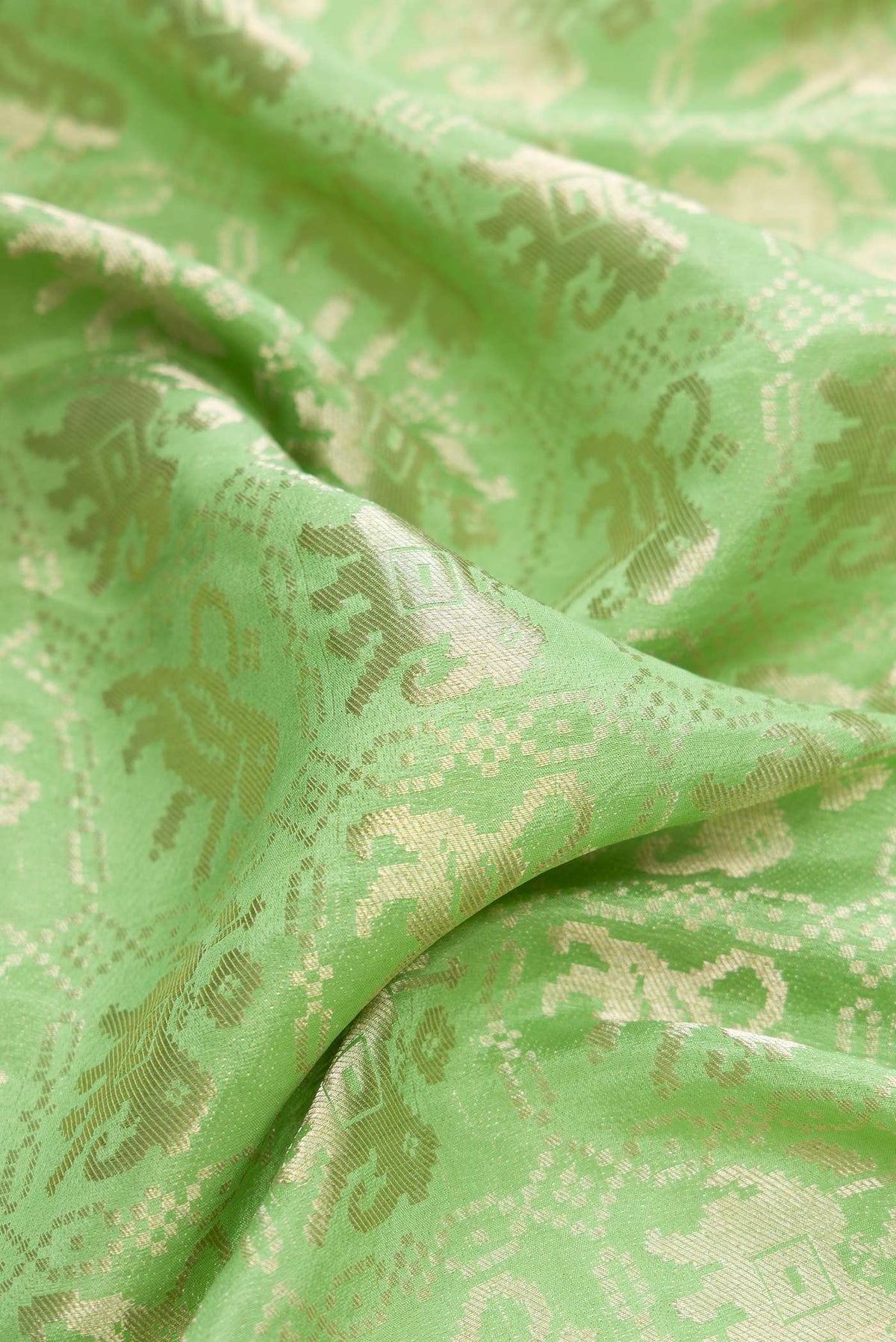 Close up of Pista Green Dual Tone Banarasi Georgette Saree with Zari Brocade on the body and Zari Border.  displaying folds
